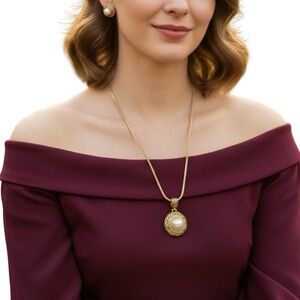 B045  Pearl Pendant Necklace  Earring Set Gold Vintage Inspired (BUNDLE & SAVE)